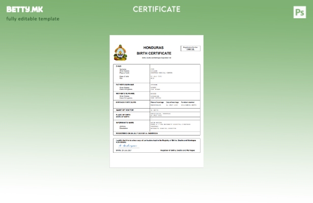 модерен стил шаблон за извод од матична книга на родените во Хондурас Word и PDF